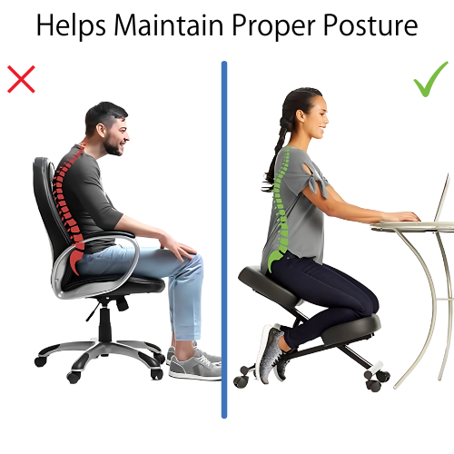 Kneeling chairs help maintain proper posture - image of man slouching in office chair vs woman sitting straight in kneeling chair
